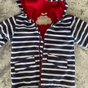EUC Hatley size 4 rain jacket in navy and white striped